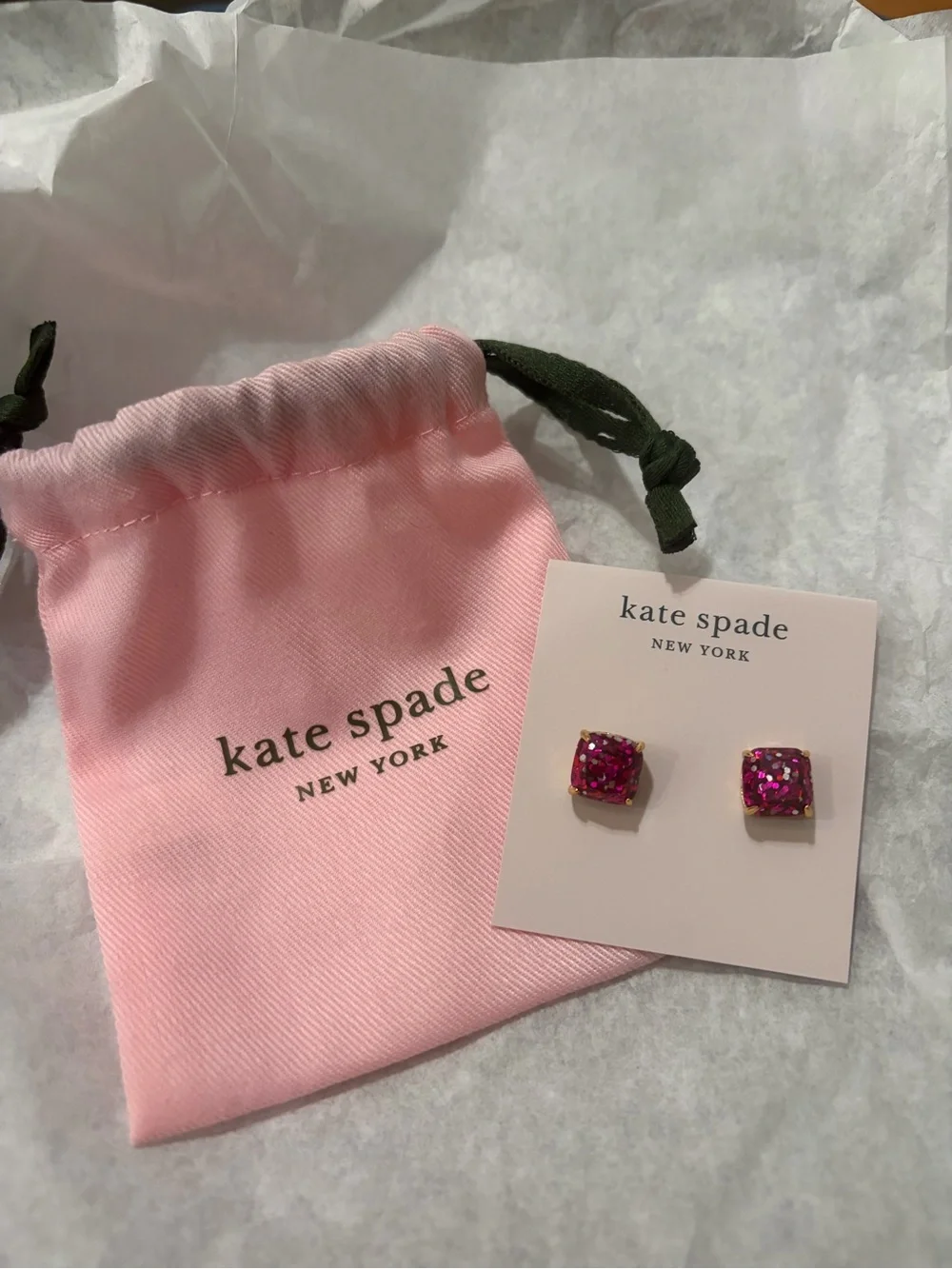 NWT Kate Spade Mini Square Glitter Stud Earrings Pink Fuchsia Gold